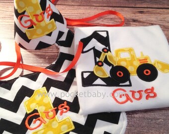 Personalized Construction Birthday Shirt, Bib and Fabric Party Hat - Digger Birthday Shirt - Construction birthday- You Choose your Fabric