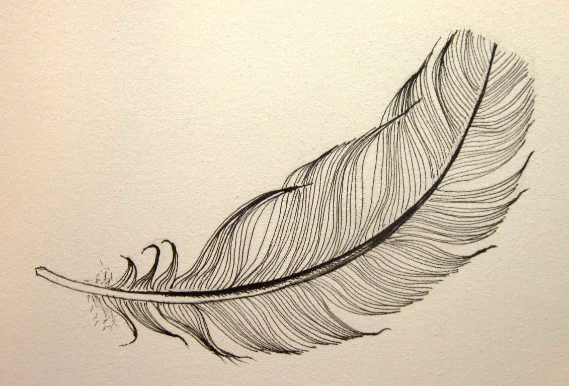 Floating black Feather original ink drawing