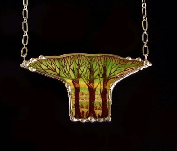 Broken china jewelry necklace vintage Art Nouveau Trees forest made from a broken plate
