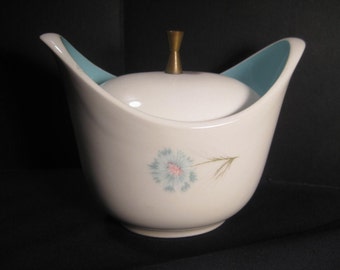 Boutonniere Sugar Bowl with Lid, by Taylor, Smith Taylor, 1960s vintage china aqua flowers