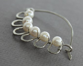 German silver shawl pin, scarf pin in laced flower with wrapped round white fresh water pearls - White pearl pin - Sweater clip - SP053