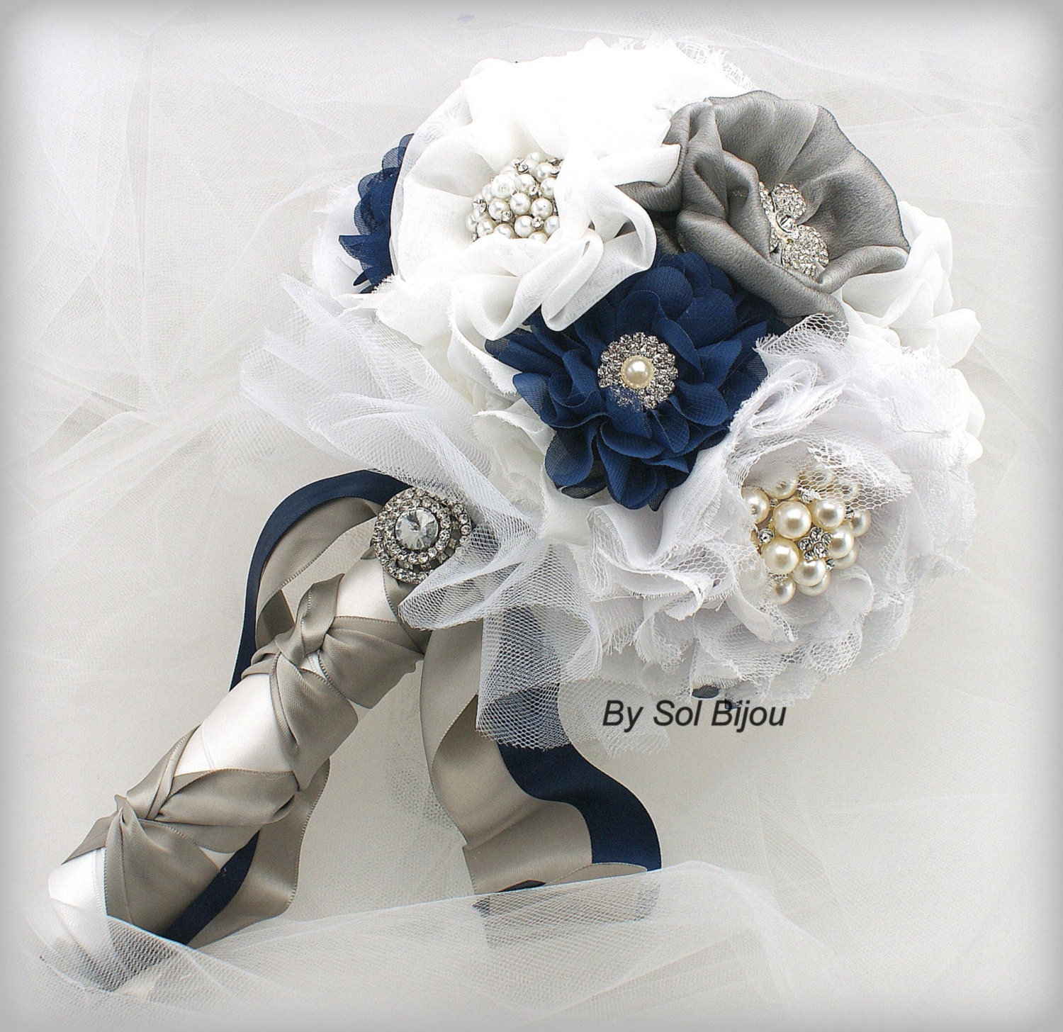 Brooch Bouquet, Fabric Bouquet in Navy Blue, Gray, Pewter, White and Silver with Lace, Pearls and Feathers