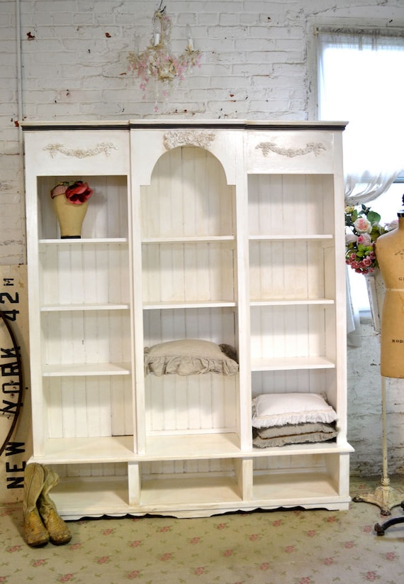 Painted Cottage Shabby White Farmhouse  China Cabinet Bookcase 