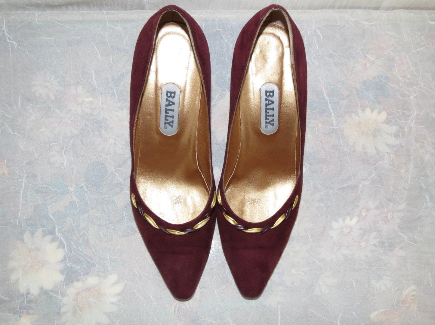 Bally wine suede pumps with wine and gold leather twists size 8.5 B ...