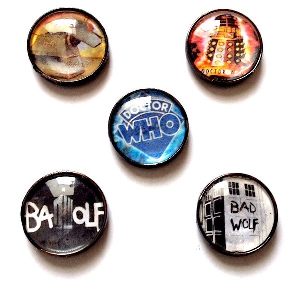 Doctor Who 50th Anniversary Inspired  Large Glass Magnets on Recycled Upcycled Metal Bezels