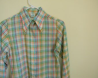 Vintage Girl's Pastel Plaid Linen Shirt - Size 12 or 14