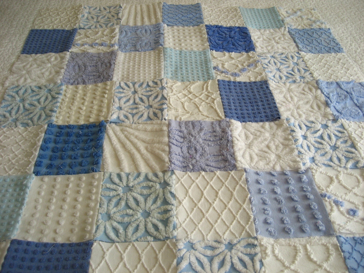 Blue and White Vintage Chenille Baby Boy Quilt by SURELYCHENILLE