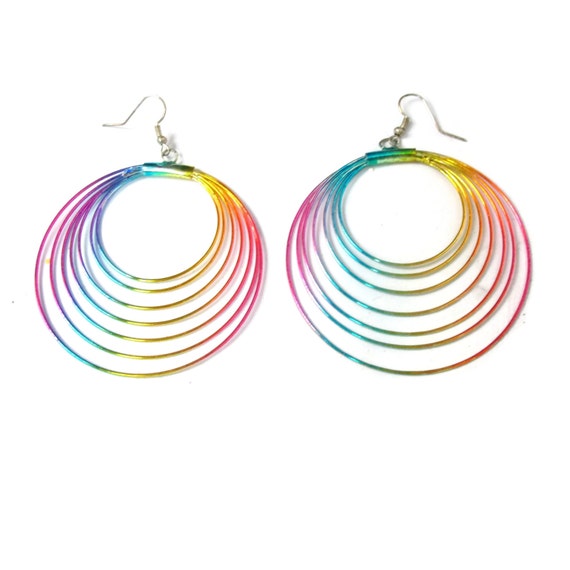 90s Rainbow Raver Hoop Earrings Vintage Holographic Earrings