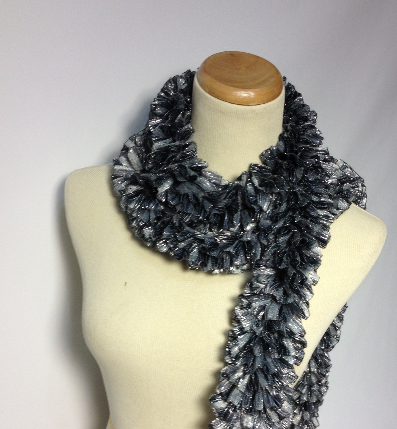 Gray Scarf Ruffle Scarf Knit Scarf Hand Knit by ArlenesBoutique