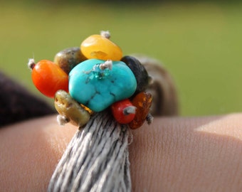 Multi Strand Bracelet Linen Fiber Jewelry Raw Stone Spring Fashion Piryte Turquoise Amber Yellow Orange Green Teal Blue Magnetic Clasp