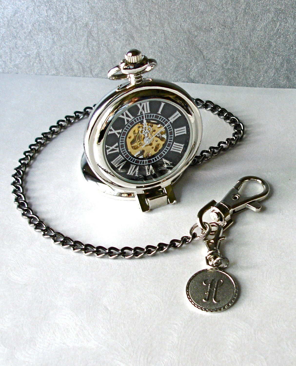 Pocket Watch Fob Silver Victorian Initial by theDeerCreekHouse