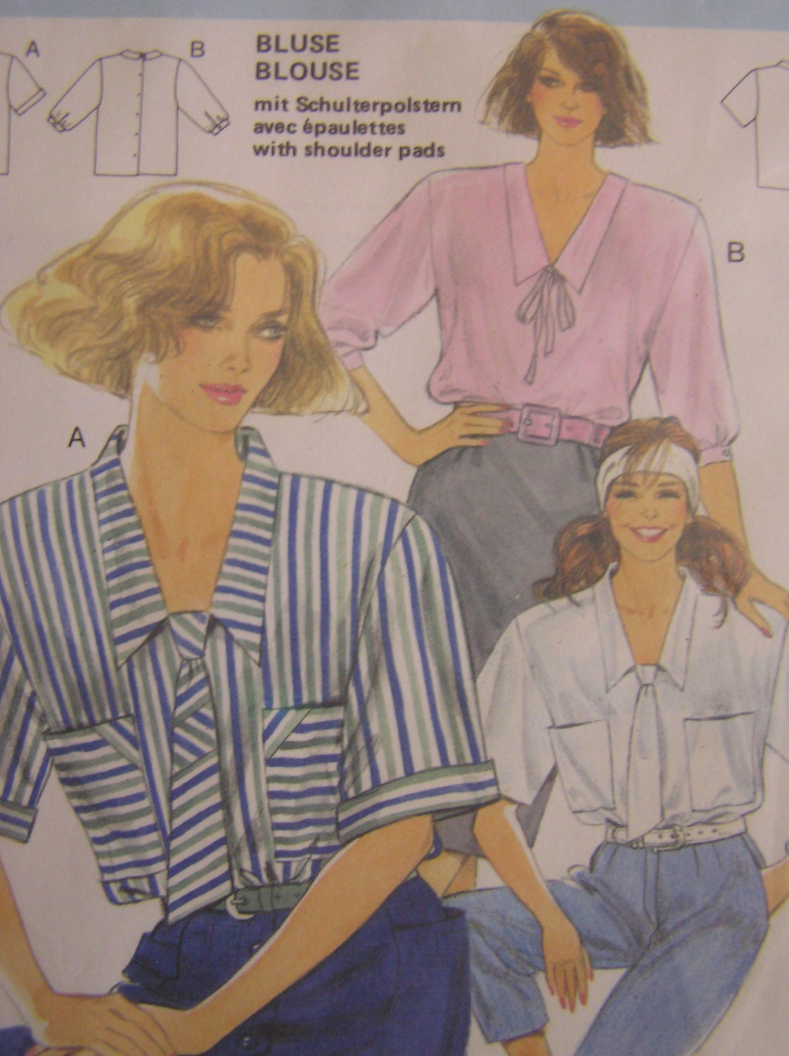 Vintage UNCUT Burda Pattern #6588 Blouses with Shoulder Pads - Sizes 8 ...