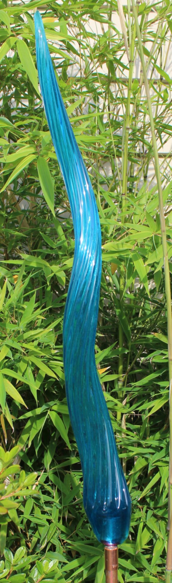 Hand Blown Glass Art Garden Crystal Teal 28 Finial by oneilsarts