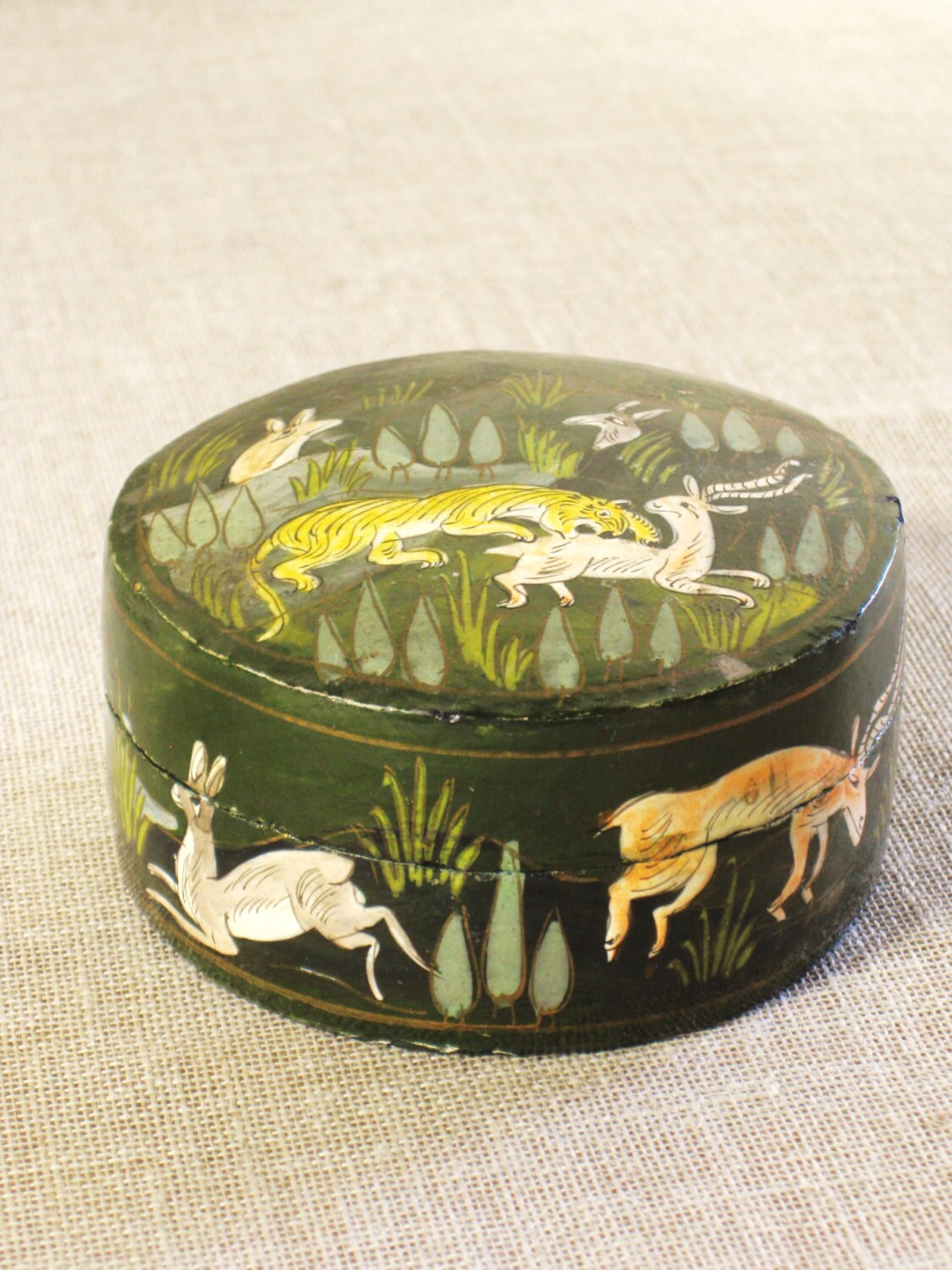 Box Small Round Box , Kashmir India , Hand Painted , Wooden Box , Wood