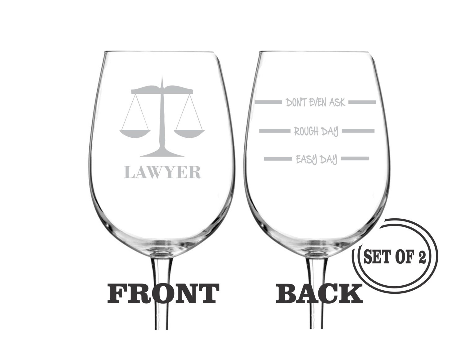 2 ETCHED LAWYER Wine Glasses SET 2 Engraved Wine Glasses Gift
