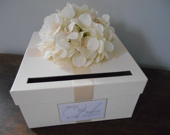 Ivory Wedding Card Box Ivory Hydrangeas and Custom Personalized Tag Can You choose Flowers and Colors