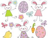 Stick Figure Bunnies Cute Digital Clipart - Commercial Use OK - Easter Clipart, Easter Graphics, Stick Figure Bunny, Easter Bunny Il_170x135