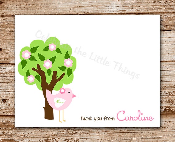 Set of 8 Baby Girl Thank You Cards | Personalized Stationery | Bird, Tree Note Cards, Notecards Il_570xn
