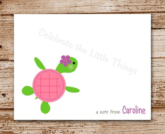 Set of 8 Sea Turtle Note Cards, Notecards for Girls | Pink Seaturtle, Under the Sea Personalized Stationery Il_570xn