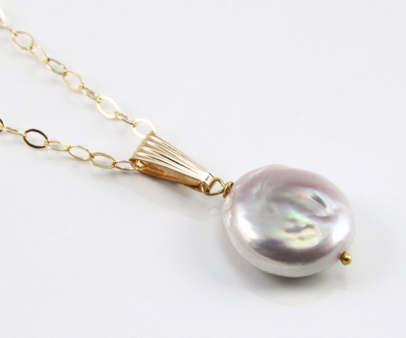 Pink Coin Pearl Gold Necklace. Ivory Freshwater Pearl. Gold