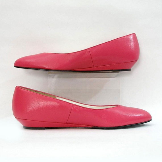 Vintage 1990s Shoes Hot Pink Low Wedge Heel Skimmer Flats / U.