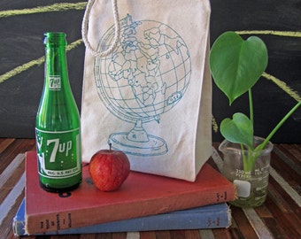 Lunch Bag - Screen Printed Recycled Cotton Lunch Bag - Reusable and Washable - Eco Friendly - Handmade - Lunch Box - Globe - Canvas Tote Bag