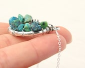 Chrysocolla Necklace, Wire Wrapped Chrysocolla Pendant. Blue Green Chrysocolla Gemstone Cluster. Sterling Silver Chain