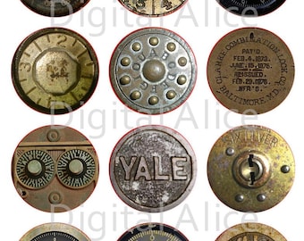 ANTIQUE SAFE DIALS Craft Circles - Steampunk Safe Locks - Instant Download Digital Printable -Bottlecaps Collage Sheet 4 sizes