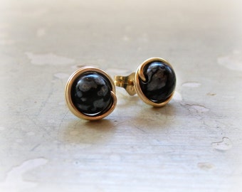 Snowflake Obsidian Studs, Black Post Earrings, Gold Filled Studs, Gemstone Posts, Round Stud Earrings, Natural Stone Earrings, Spotted Studs