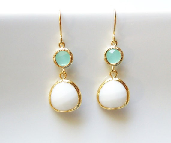 Items similar to Mint aqua and white glass gold two stone dangle ...