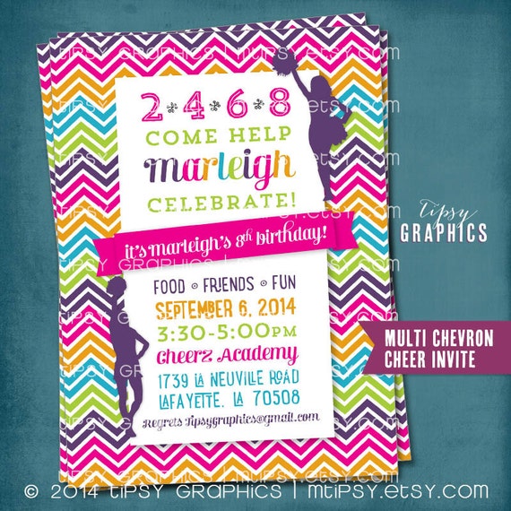 2-4-6-8 Come Celebrate. Super Fun Chevron Cheer Party Invitation by Tipsy Graphics. Pink Lime Green Turquoise Purple Orange Il_570xn
