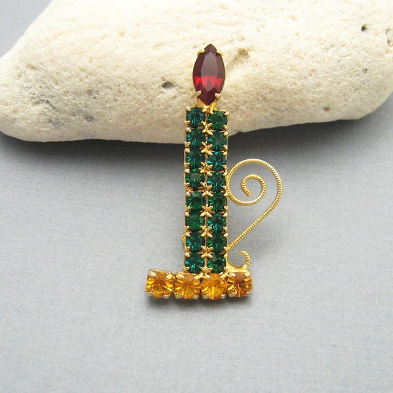 Rhinestone Christmas Candle Brooch Vintage Jewelry by HoliDaisy