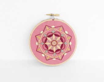 Abstract Salmon Orange, Burgundy and Yellow Mandala Hand Embroidery Hoop Art, 4 inch Embroidery Hoop Fiber Art in Tangerine, Butter & Peach