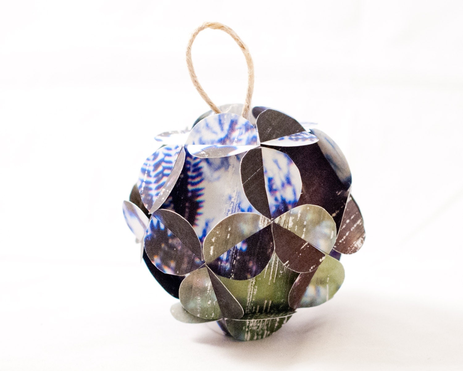 Blue Green and Black Floral Handmade Paper Tree Ornament