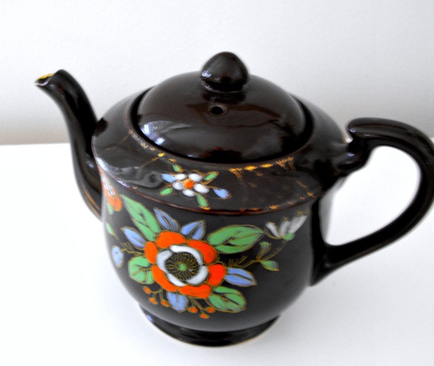 1950s Dark Chocolate Brown Hand Painted Floral 3 Cup Teapot Made In