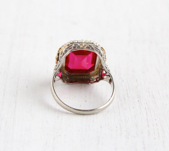 Antique 14k White Gold Ruby & Seed Pearl Ring Size 8 Vintage