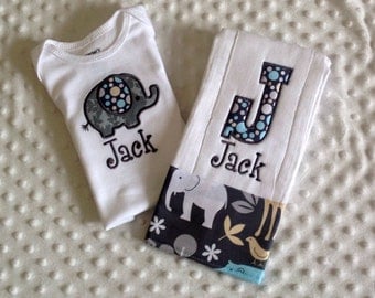 Baby Boy 2 Piece Gift Set, Personalized Bodysuit and Burp Cloth,