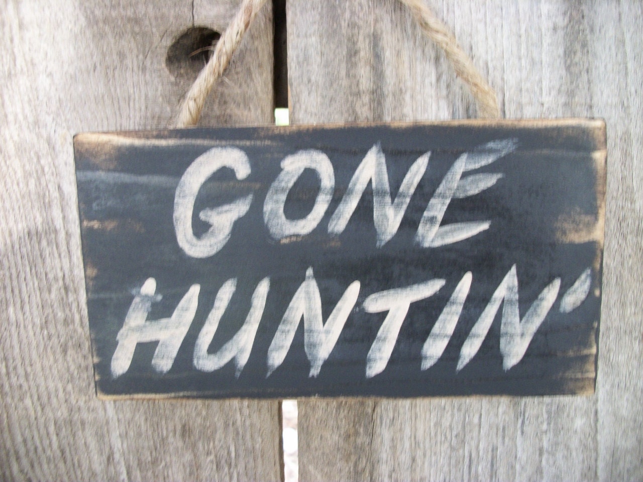 Gone Hunting Sign Black Distressed Rustic Primitive Wood Wall