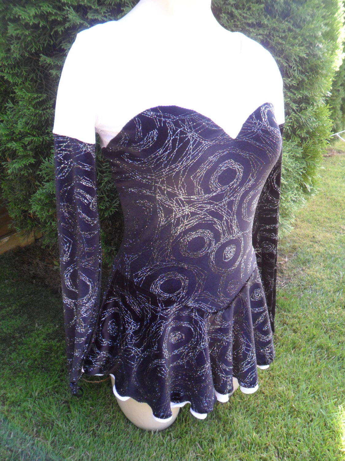 Black and white velvet glitter figure skating dress with