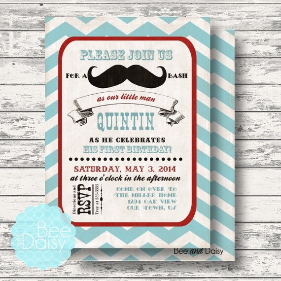 Vintage Mustache Invitation for Birthday Party or Baby Shower - Boys DIY LIttle Man Bash Printable Invite by BeeAndDaisy Il_570xn