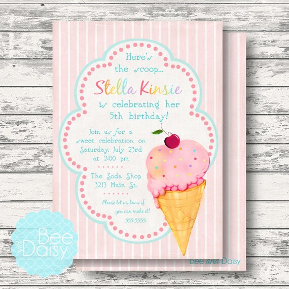 Vintage Ice Cream Invitation for Birthday Party or Baby Shower - Girls Pink DIY Printable Invite by BeeAndDaisy Il_570xn