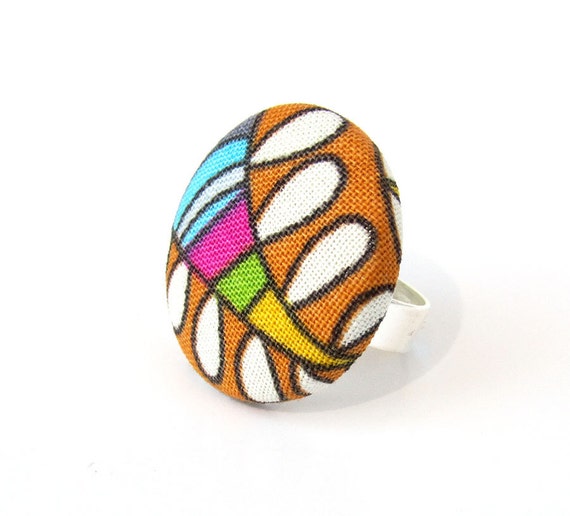 Bright fabric ring  funky button ring  colorful by KooKooCraft