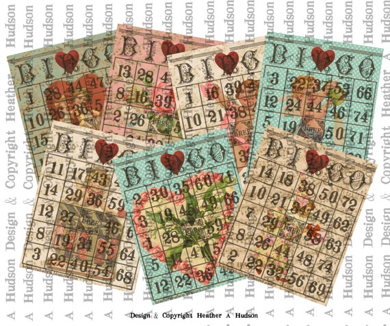 28 Vintage Valentine's Day Bingo Game Playing Cards (actual cards numbered different so you can actually play game) Collage Sheet Printable