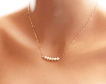 Dainty Pearl Necklace, Tiny and Petite Row of Pearls, Sterling Silver, Gold Fill, Rose Gold Necklace, Bridesmaids Necklace, Wedding Jewelry
