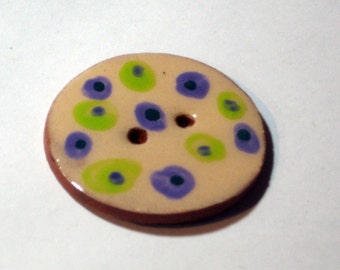 Handmade ceramic buttons - purple and chartreuse pottery button C29