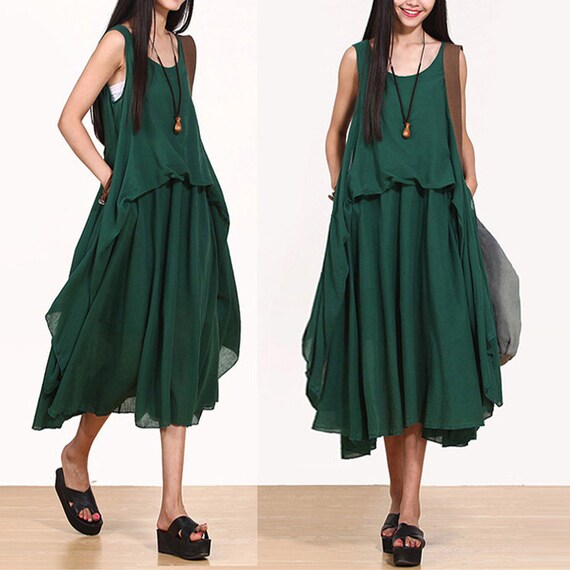 Casual Loose Fitting Cotton and Linen Long Dress Green