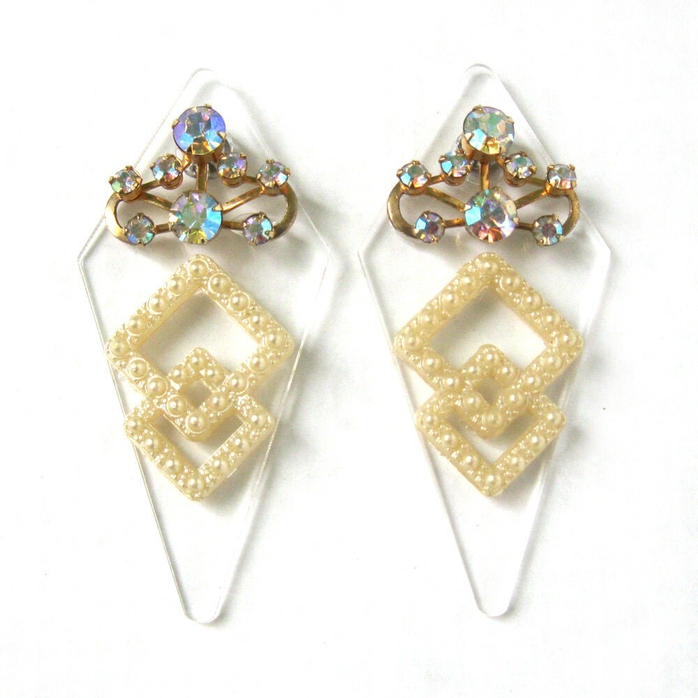 Lucite and Vintage Statement Earrings Clear Acrylic Costume