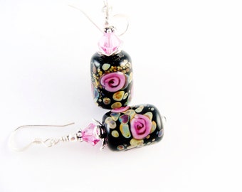 Pink Lampwork Earrings, Glass Bead Earrings, Black Dangle Earrings, Flower Earrings, Beadwork Earrings, Lampwork Jewelry, Drop Earrings