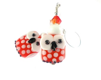 Owl Lampwork Earrings, Glass Bead Earrings, Orange Dangle Earrings, Lampwork Jewelry, White Glass Bead Jewelry, Beadwork Earrings
