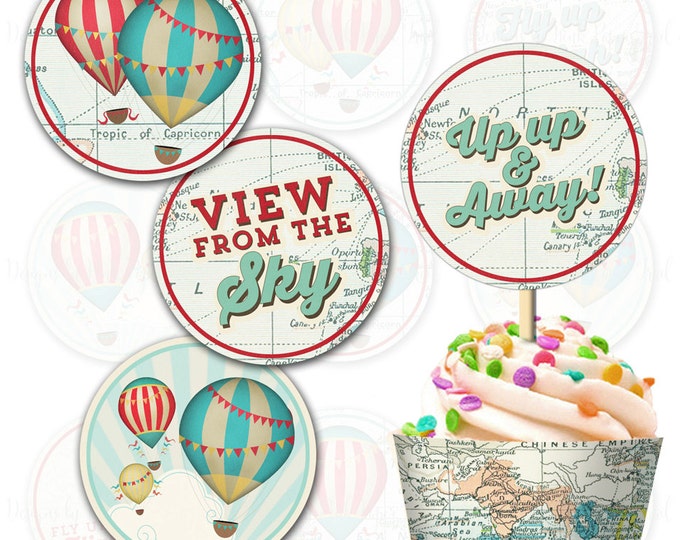 Hot Air Balloon Cupcake topper and wrap - Print your own